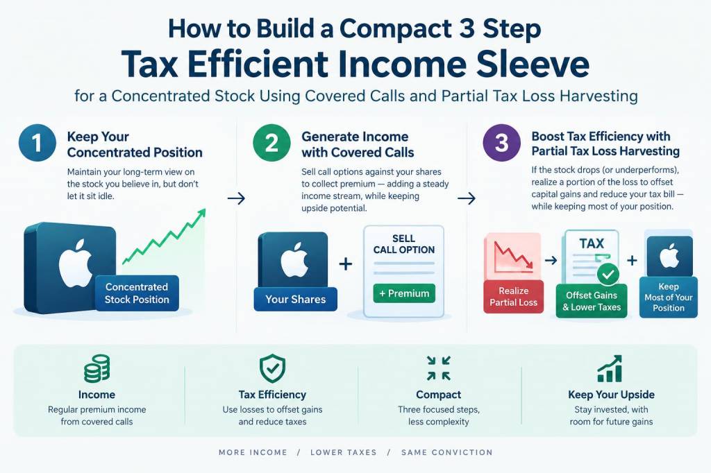 How to build a compact 3-step tax-efficient income sleeve for a concentrated stock using covered calls and partial tax-loss harvesting