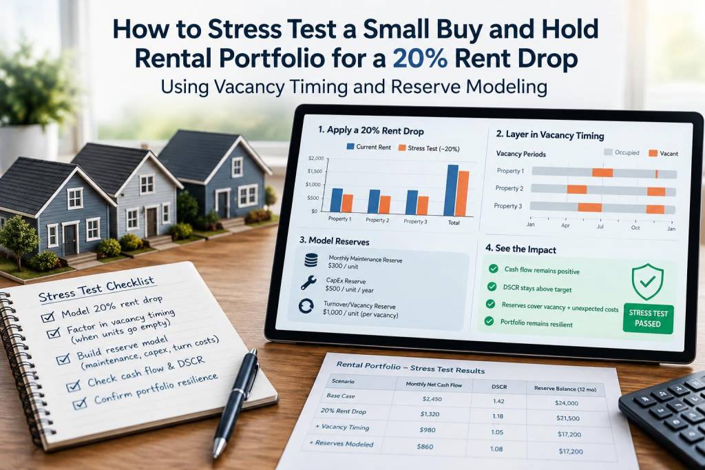 How to stress-test a small buy-and-hold rental portfolio for a 20% rent drop using vacancy timing and reserve modeling