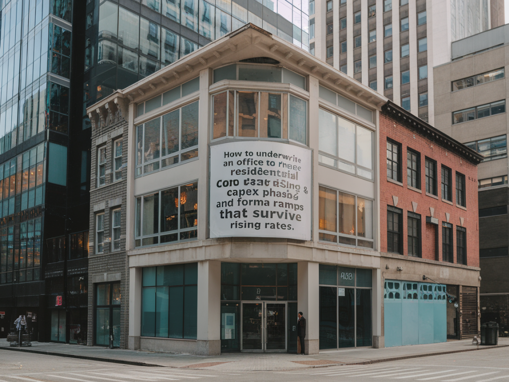 How to underwrite an office-to-residential conversion using zoning, capex phasing and pro forma rent ramps that survive rising rates